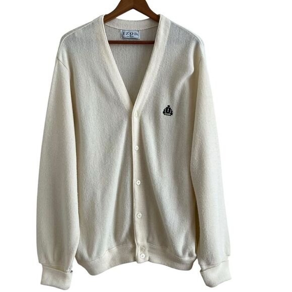IZOD vintage Cardigan Sweater Mens M Ivory Y2K Oversized Grandpa Preppy Academia - Picture 1 of 13